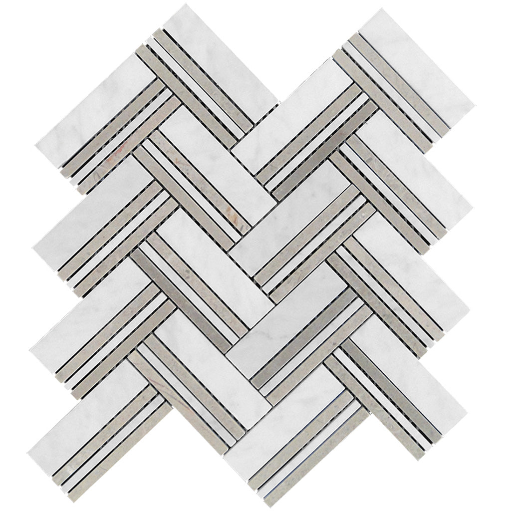 Bianco Carrara Eastern Beige 11x12 Polished Herringbone Marble Mosaic Tile (5 pack, 4.71 sq ft/case)