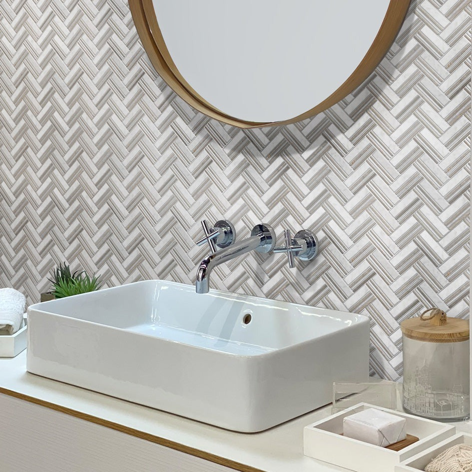 Bianco Carrara Eastern Beige 11x12 Polished Herringbone Marble Mosaic Tile (5 pack, 4.71 sq ft/case)