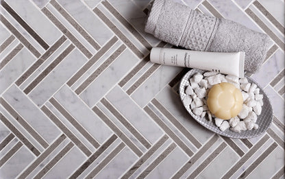 Beige White 11x12 Polished Herringbone Marble Mosaic Tile (5 pack, 4.71 sq ft/case) - Sample