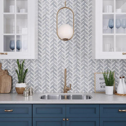 Eastern White and Blue 11x12 Polished Herringbone Marble Mosaic Tile (5 pack, 4.71 sq ft/case)