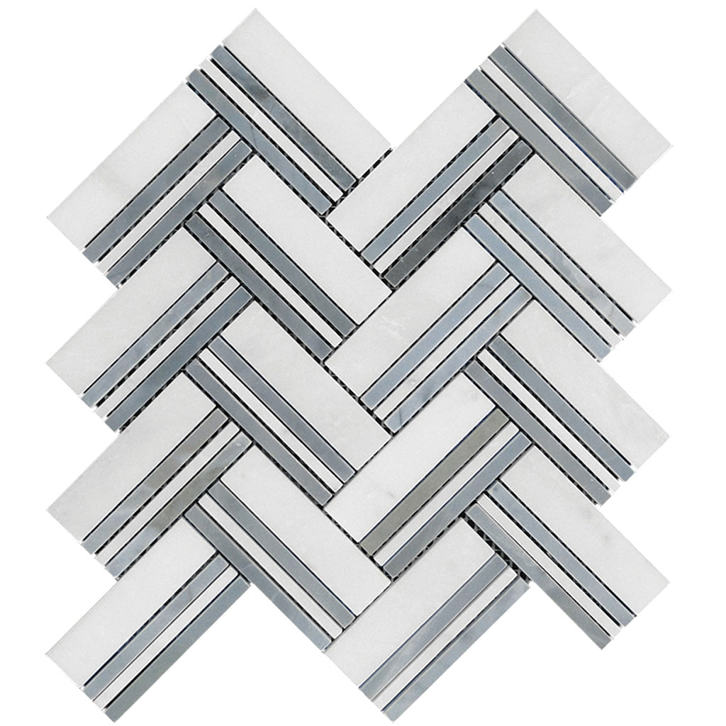 Eastern White and Blue 11x12 Polished Herringbone Marble Mosaic Tile (5 pack, 4.71 sq ft/case)