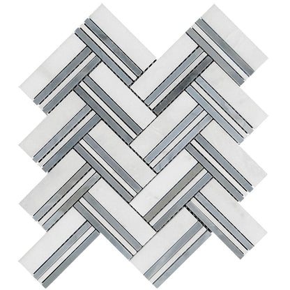 Blue White 11x12 Polished Herringbone Marble Mosaic Tile (5 pack, 4.71 sq ft/case) - Sample