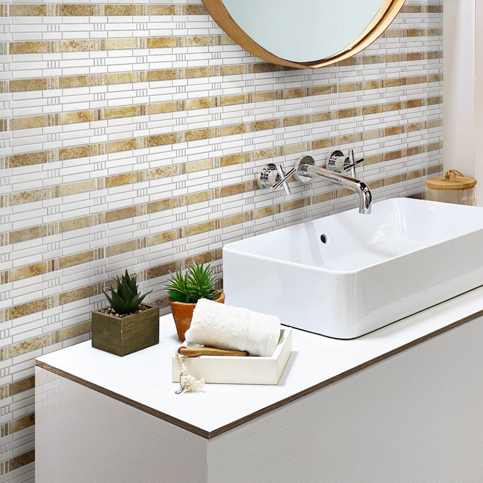 Eastern White, Beige Travertine 12x12 Polished Brick Marble Mosaic Tile (5 pack, 5 sq ft/case)