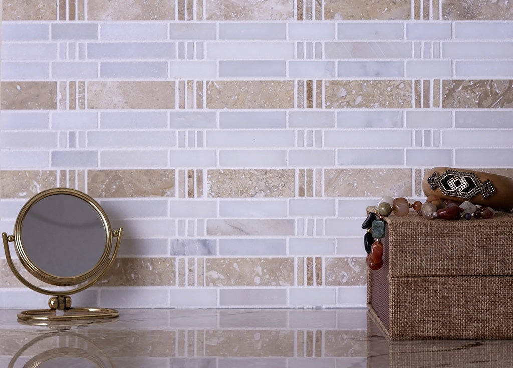 Eastern White, Beige Travertine 12x12 Polished Brick Marble Mosaic Tile (5 pack, 5 sq ft/case)