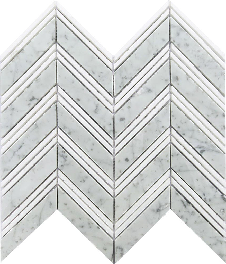 Flint Gray 11x12 Polished Herringbone Bardiglio Nuvolato Bianco Carrara Marble Mosaic Tile (5 pack, 4.51 sq ft/case)