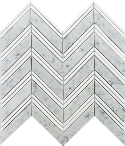 Flint Gray 11x12 Polished Herringbone Bardiglio Nuvolato Bianco Carrara Marble Mosaic Tile (5 pack, 4.51 sq ft/case)