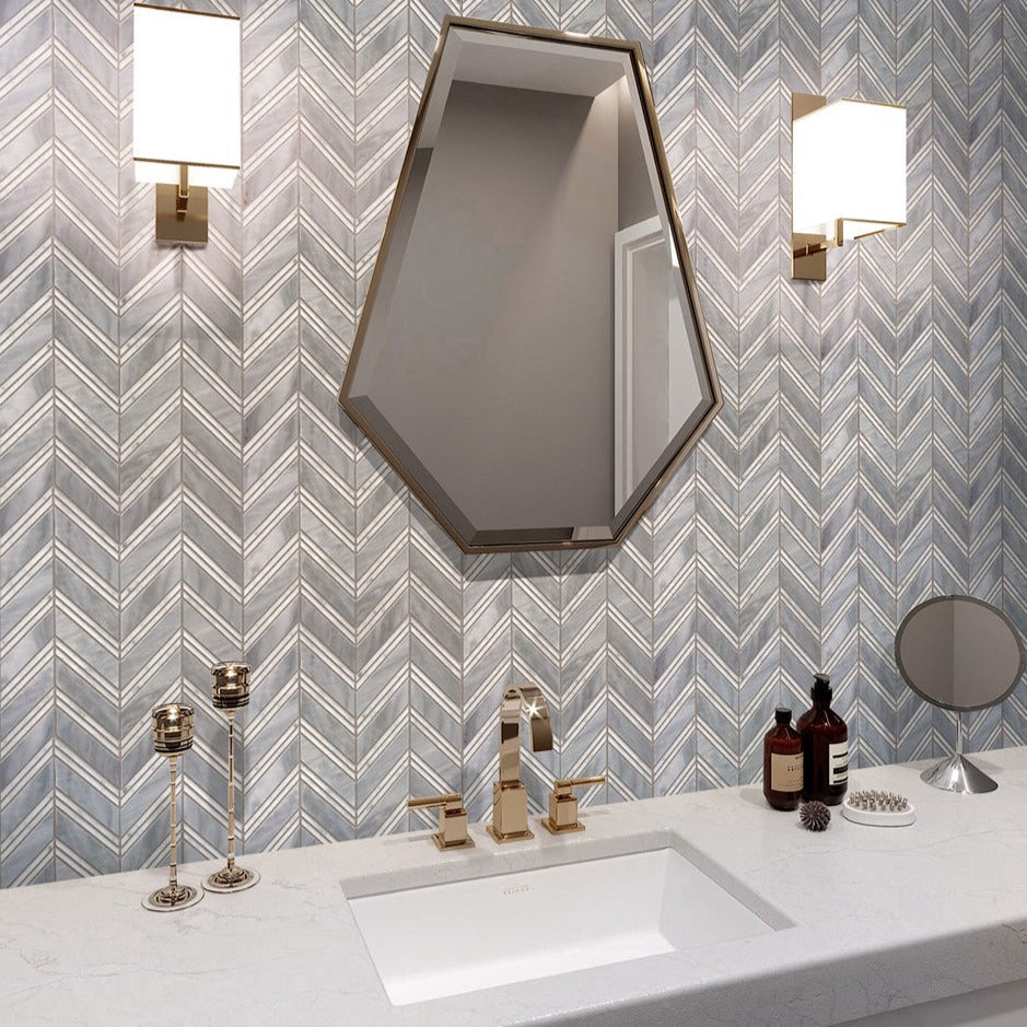 Flint Gray 11x12 Polished Herringbone Bardiglio Nuvolato Bianco Carrara Marble Mosaic Tile (5 pack, 4.51 sq ft/case)
