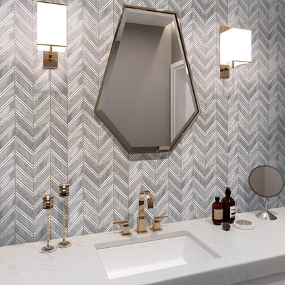 Flint Gray 11x12 Polished Herringbone Bardiglio Nuvolato Bianco Carrara Marble Mosaic Tile (5 pack, 4.51 sq ft/case)