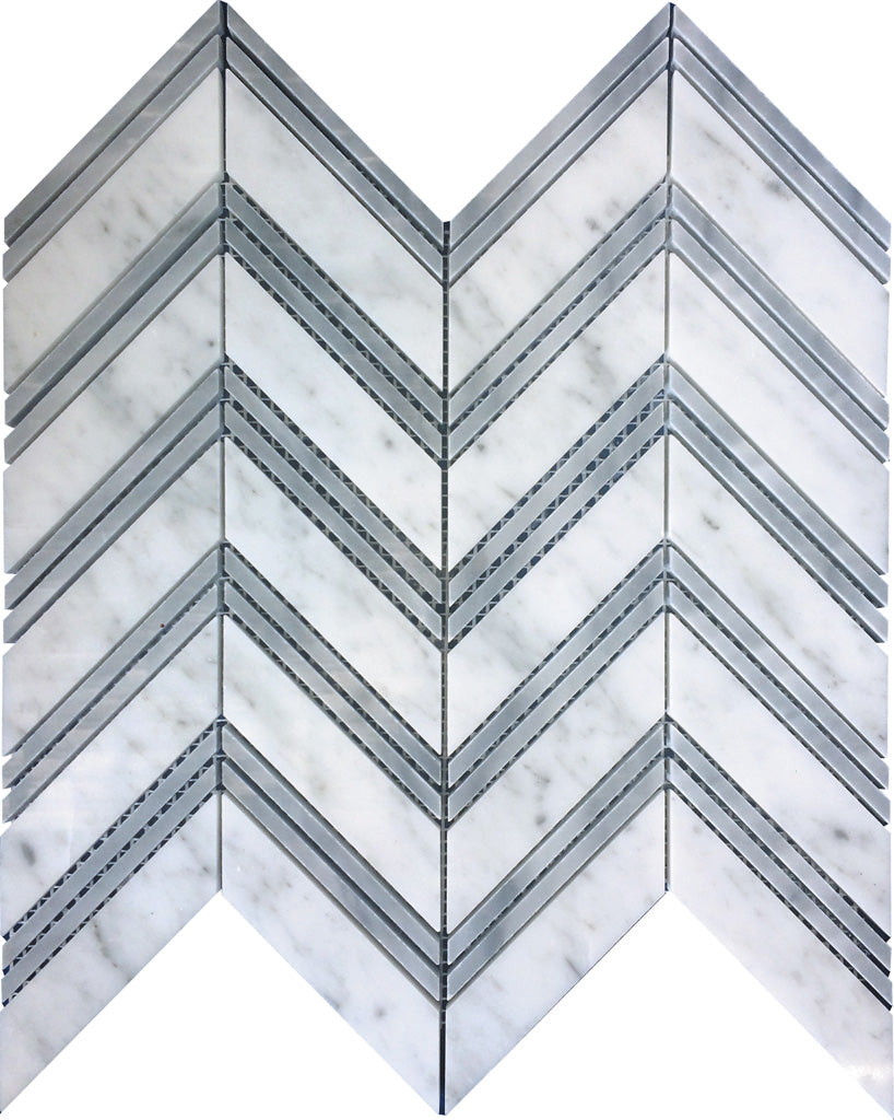 Gray White 11x12 Polished Herringbone Bianco Carrara Bardiglio Nuvolato Marble Mosaic Tile (5 pack, 4.51 sq ft/case)