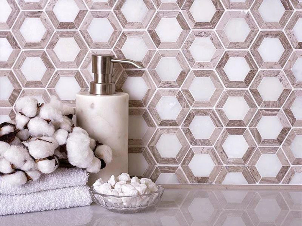 Beige White 10x11 Polished Hexagon Marble Mosaic Tile (5 pack, 4.19 sq ft/case) - Sample