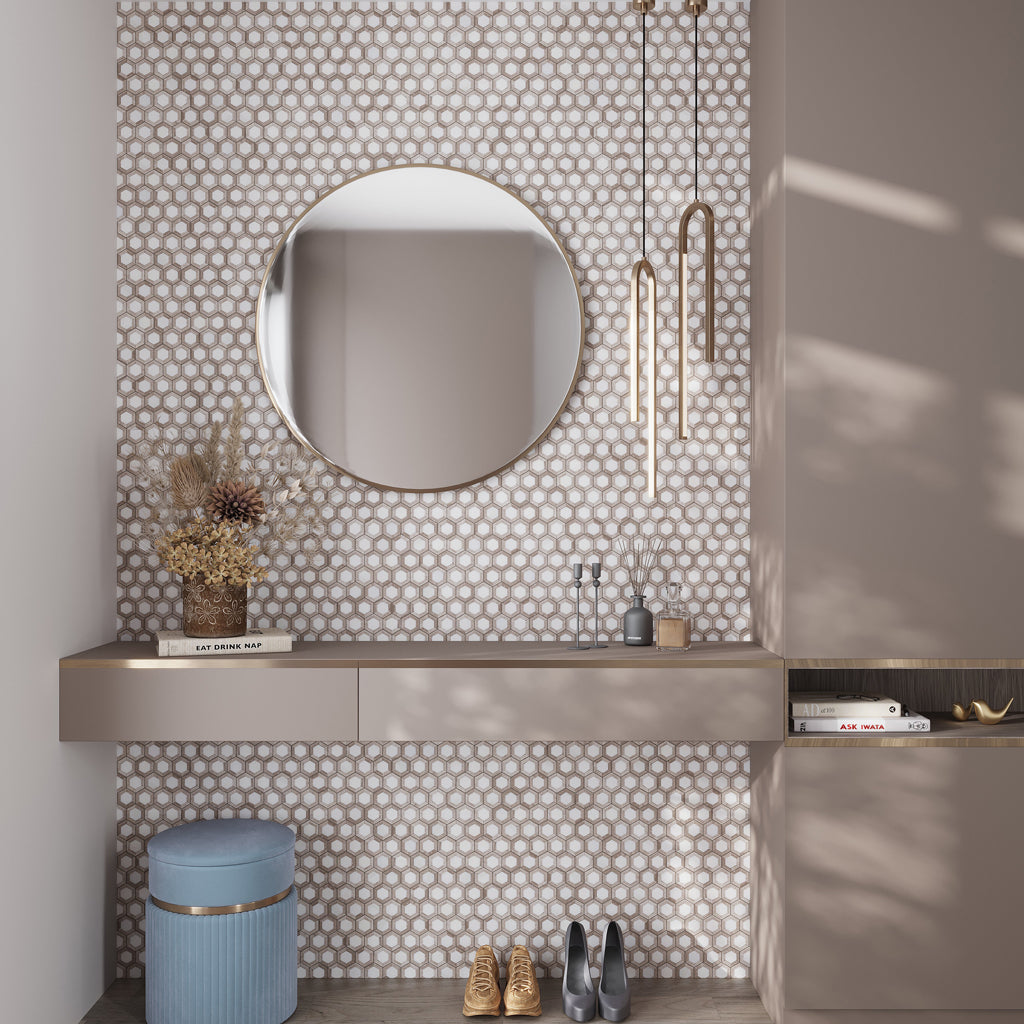 Wooden Beige Eastern White 10x11 Polished Hexagon Marble Mosaic Tile (5 pack, 4.19 sq ft/case)