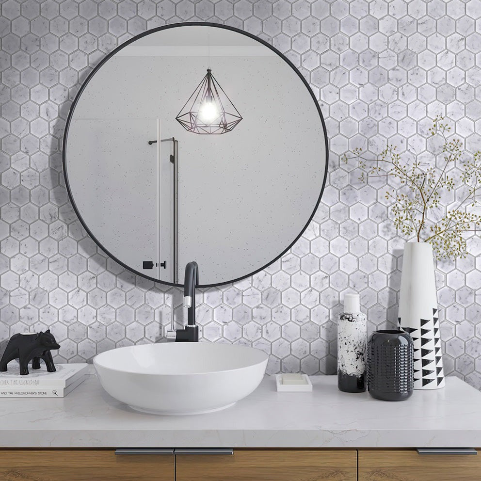 Cotton White 12x12 Polished Hexagon Bianco Carrara Marble Mosaic Tile (5 pack, 4.83 sq ft/case)