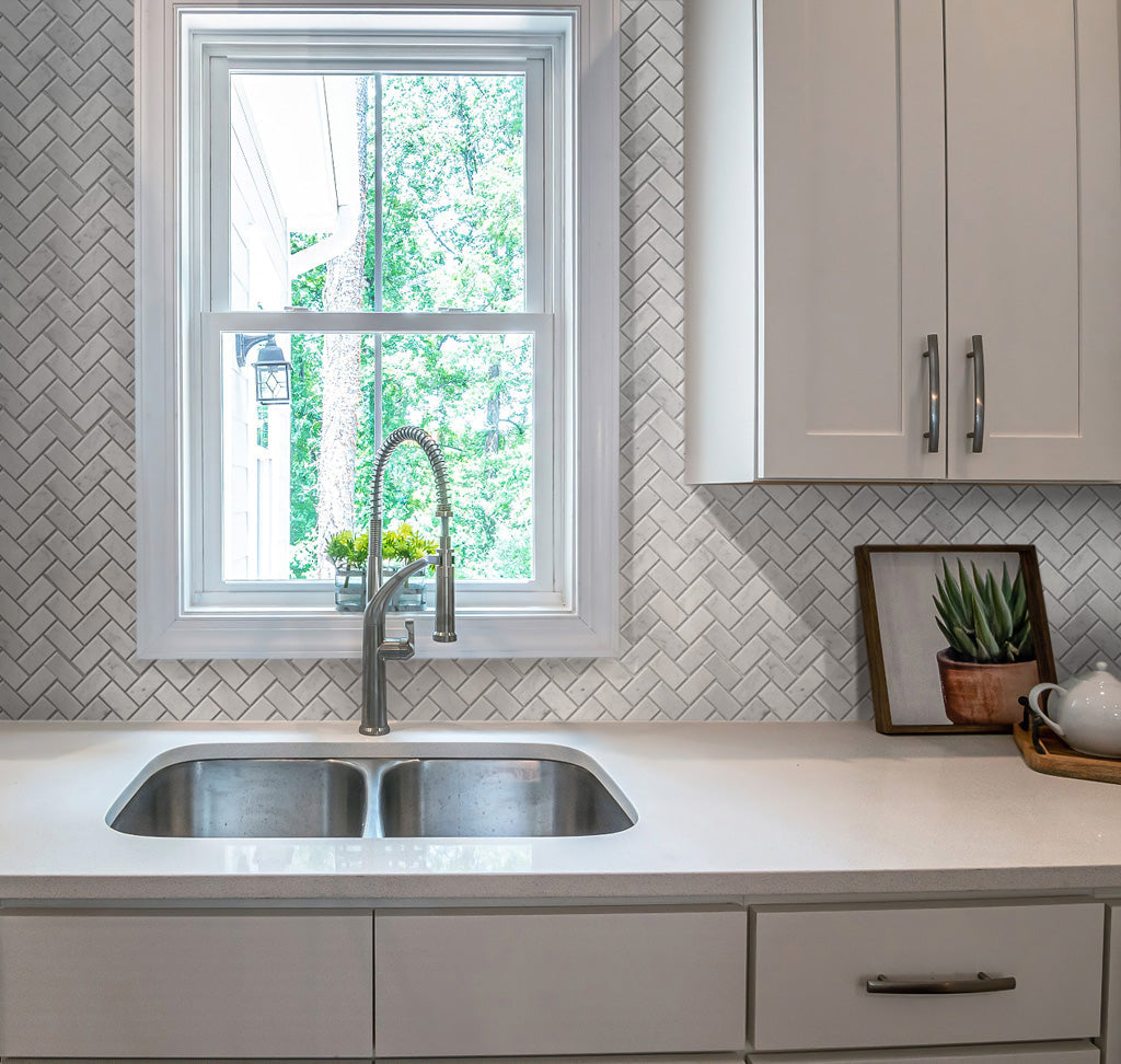White 12x12 Polished Herringbone Marble Mosaic Tile (5 pack, 4.83 sq ft/case) - Sample