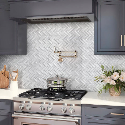 White 12x12 Polished Herringbone Marble Mosaic Tile (5 pack, 5.29 sq ft/case) - Sample