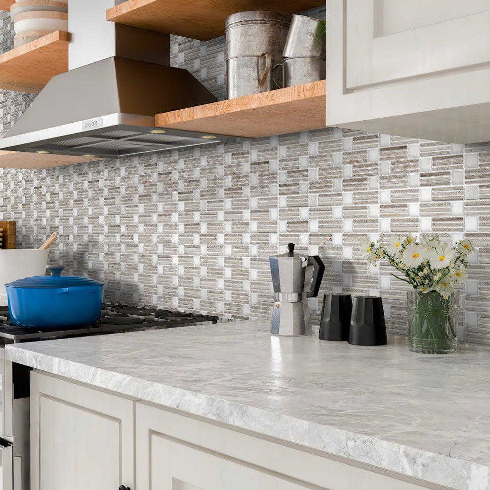 Eastern White, Wooden Grey 12x12 Polished Brick Marble Mosaic Tile (5 pack, 5 sq ft/case)