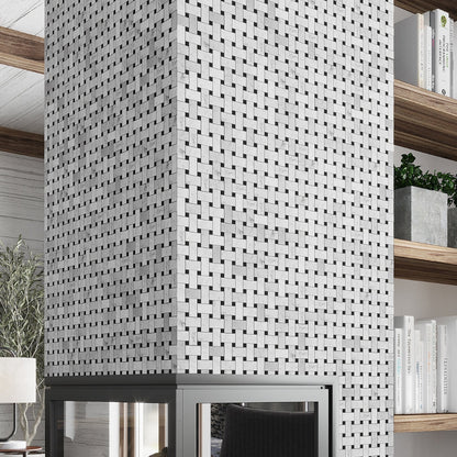 Bianco Carrara, Eastern Black 12x12 Polished Basketweave Marble Mosaic Tile (5 pack, 5 sq ft/case)