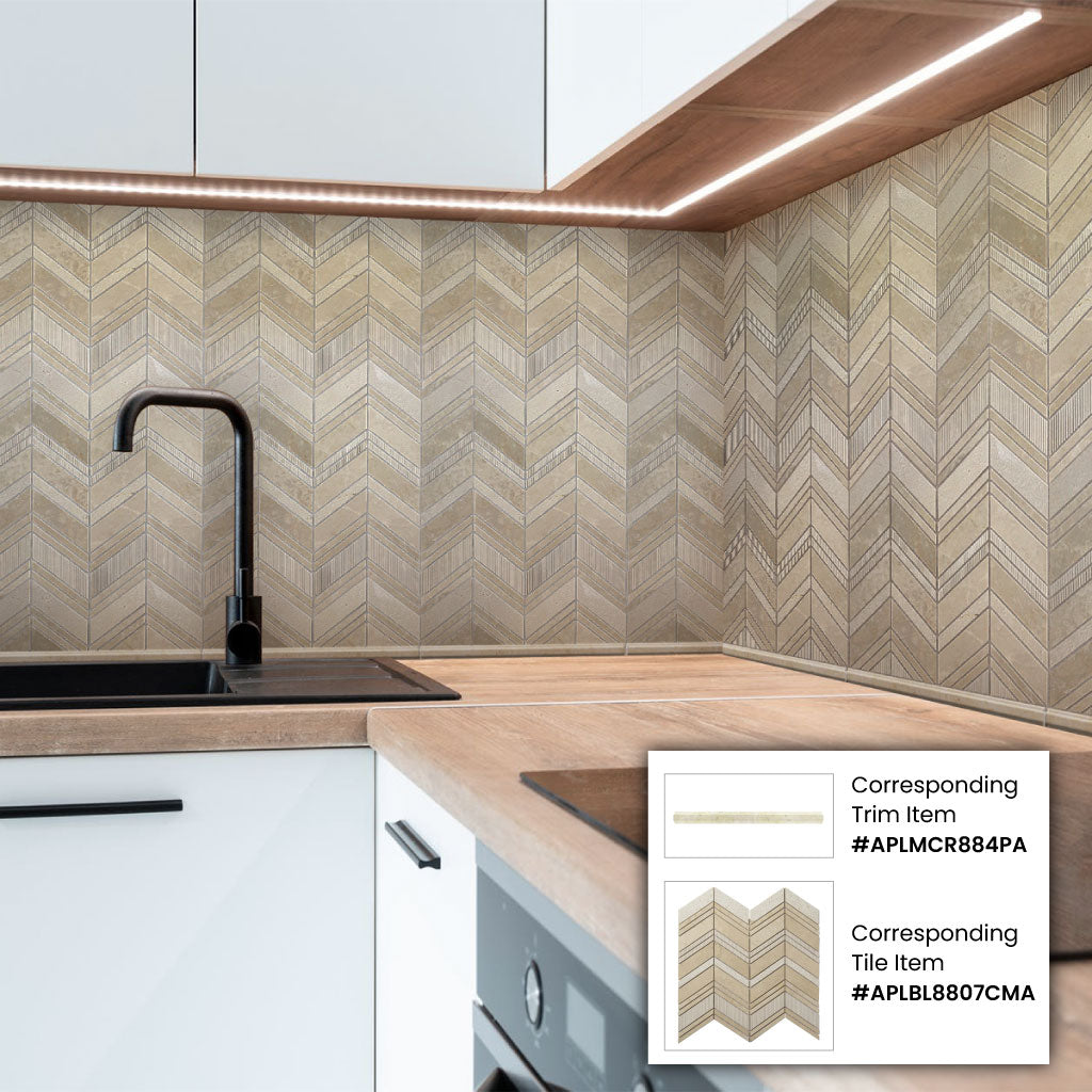 Beige 13x13 Polished Etched Herringbone Crema Marfil Marble Mosaic Tile (5 pack, 6.09 sq ft/case)