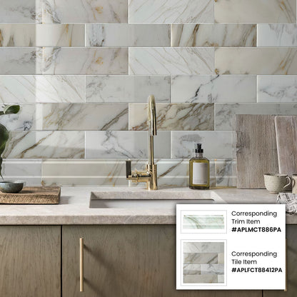 White 4x12 Polished Calacatta Gold Baseboard Marble Tile Trim (10 pack, 3.33 sq ft/case)