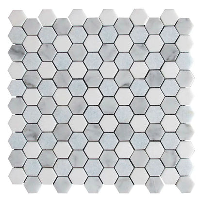 Pristine White Gray 11x12 Polished Hexagon Thassos Carrara Blue Celeste Marble Mosaic Tile (5 pack, 4.59 sq ft/case)