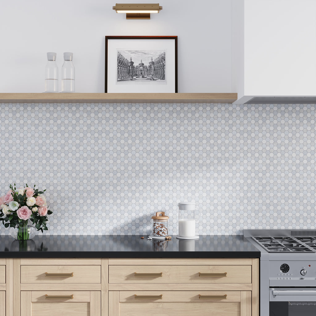 Pristine White Gray 11x12 Polished Hexagon Thassos Carrara Blue Celeste Marble Mosaic Tile (5 pack, 4.59 sq ft/case)