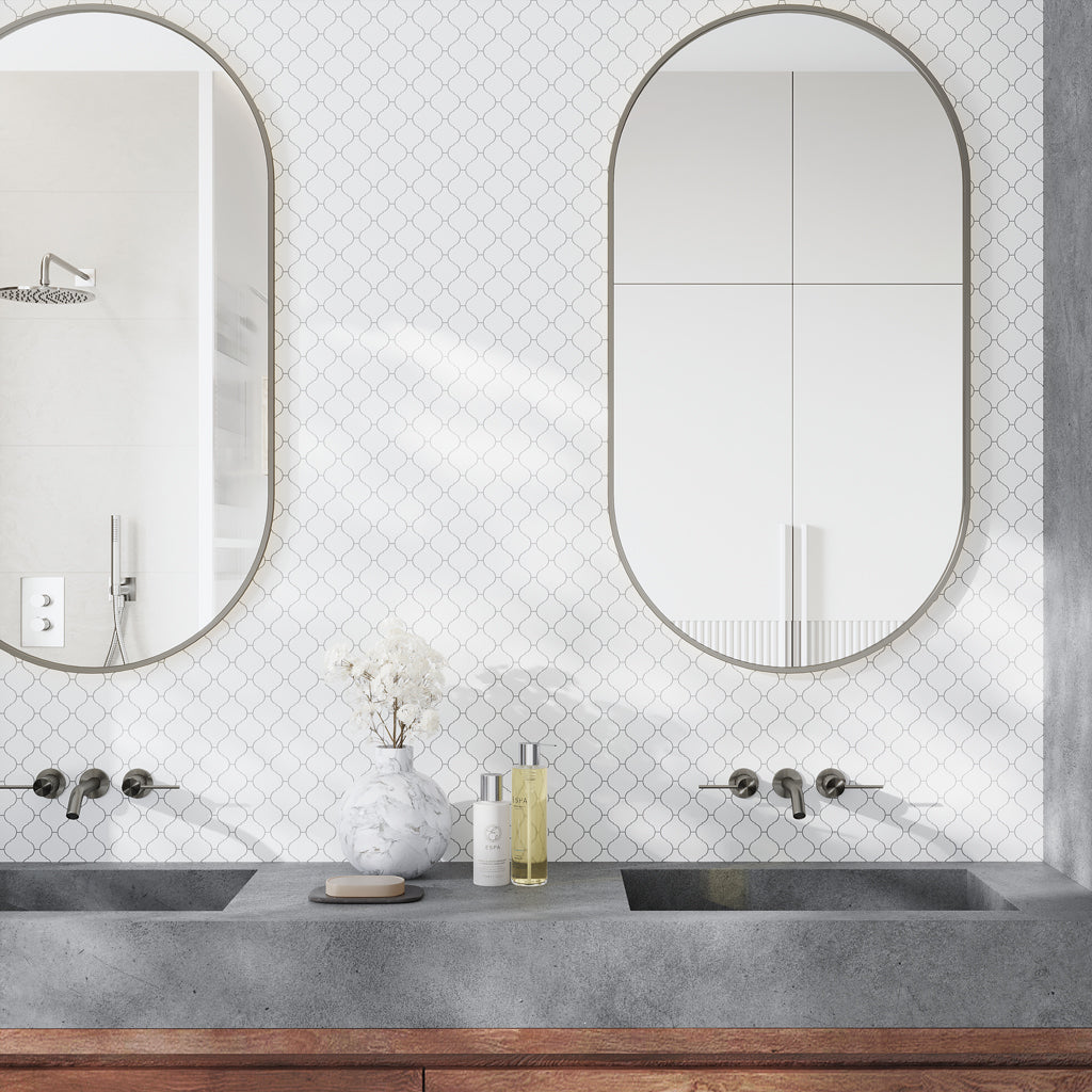 Snow White 10x11 Polished Arabesque Thassos Marble Mosaic Tile (5 pack, 3.75 sq ft/case)