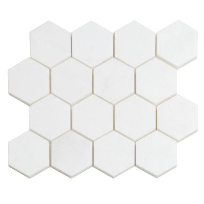 Snow White 10x12 Polished Hexagon Thassos Marble Mosaic Tile (5 pack, 4.46 sq ft/case)