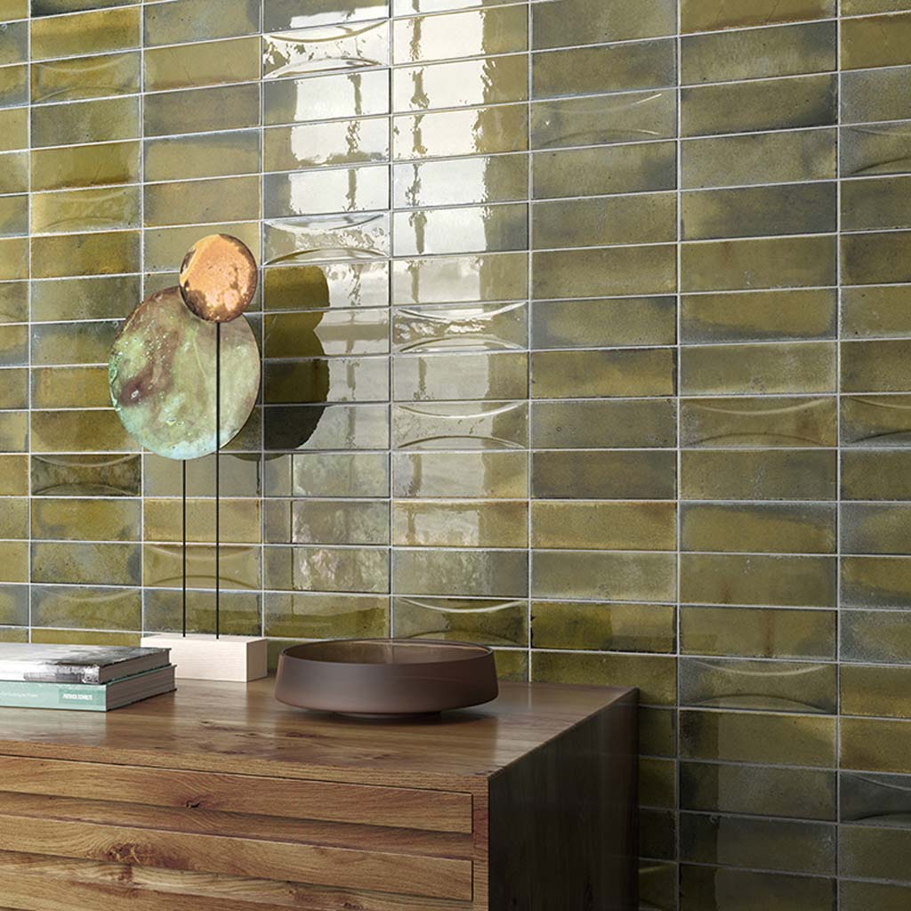 Olive Green 2.5x8 Glossy Ceramic Subway Deco Tile (38 pack, 5.38 sq ft/case) - Sample