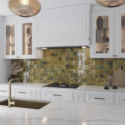Olive Green 4x4 Glossy Ceramic Square Deco Tile (50 pack, 5.39 sq ft/case)
