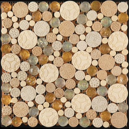 Multicolor 12x12 Penny Round Glossy Textured Glass Resin Mosaic Tile (5 pack, 5 sq ft/case) - Sample