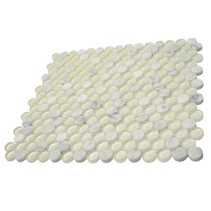 White 12x12 Glossy Penny Round Glass Marble Mosaic Tile (5 pack, 4.83 sq ft/case) - Sample