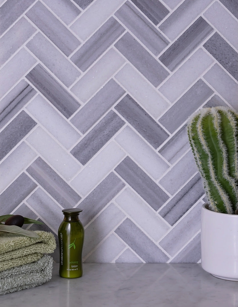 Gray 12x12 Polished Herringbone Marble Mosaic Tile (5 pack, 5.29 sq ft/case) - Sample