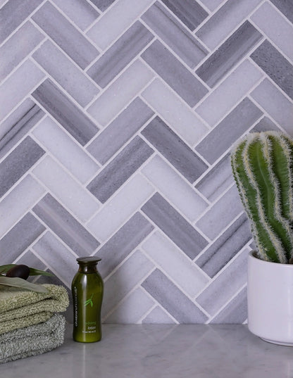 Gray 12x12 Polished Herringbone Marble Mosaic Tile (5 pack, 5.29 sq ft/case) - Sample