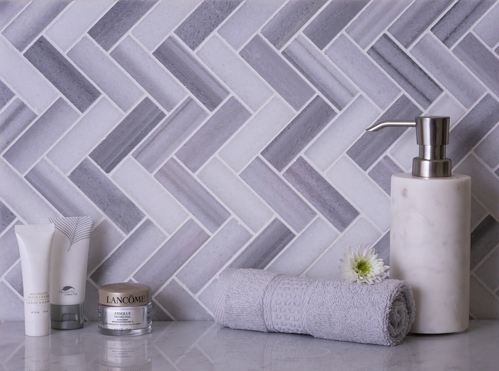 Gray 12x12 Polished Herringbone Marble Mosaic Tile (5 pack, 5.29 sq ft/case) - Sample