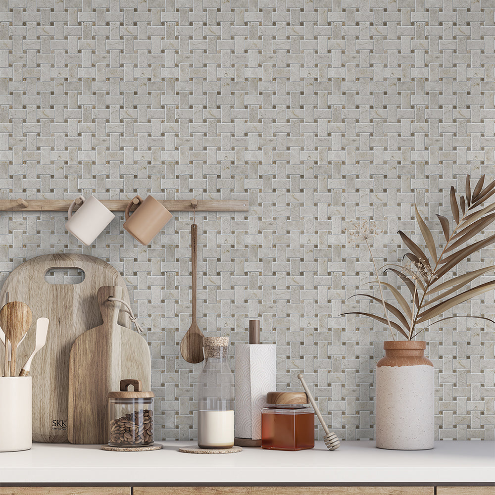 Silver Mystique Polished Basket Weave Marble Mosaic