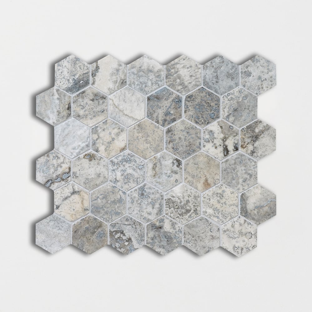 Silver Travertine Honed Filled Hexagon Travertine Mosaic