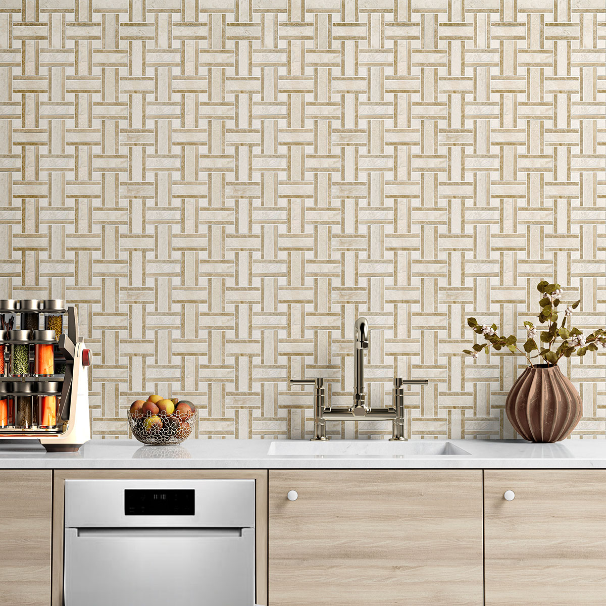 Royal Beige Polished Thin Basket Marble Mosaic