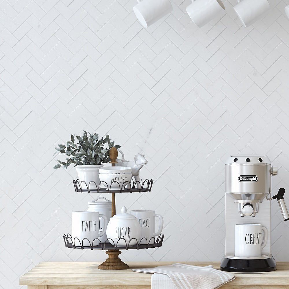 Alpina White Honed Herringbone Marble Mosaic