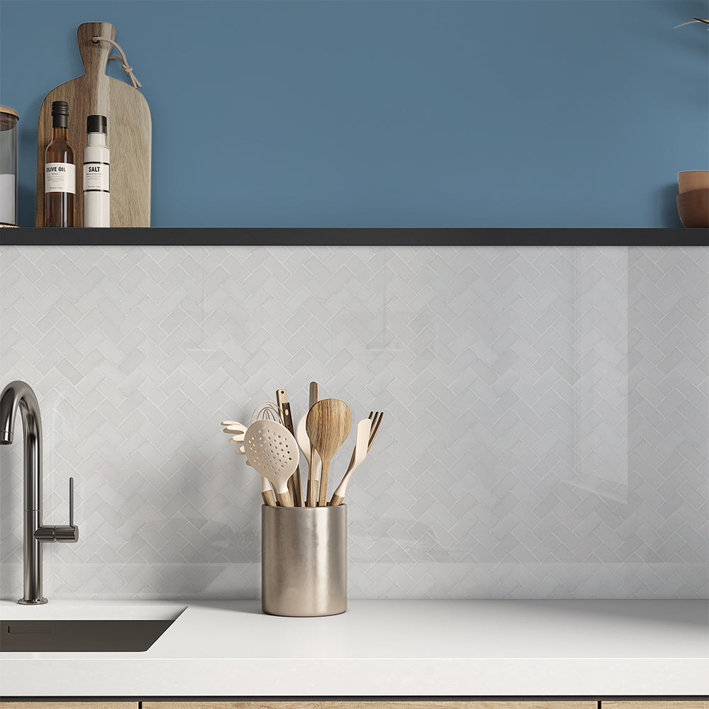 Alpina White Polished Herringbone Marble Mosaic