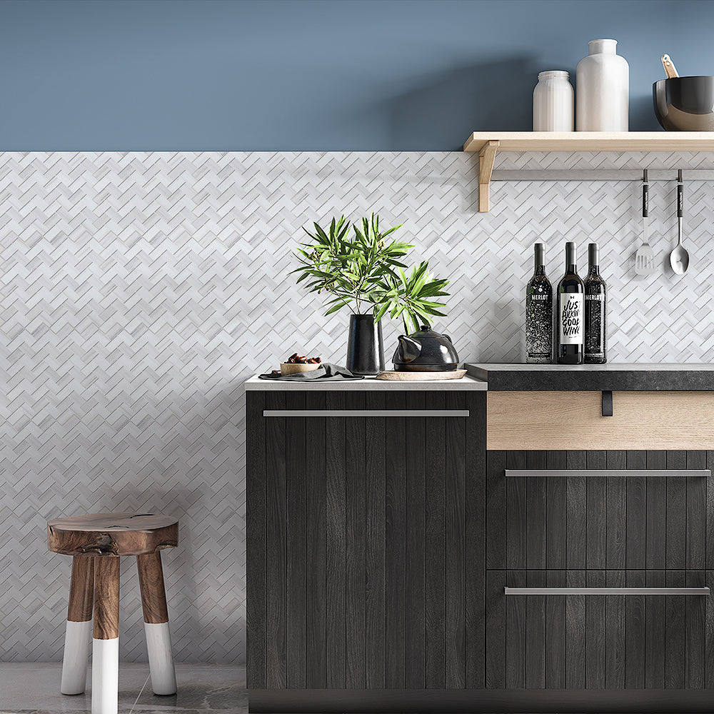 Bianco Dolomiti Polished Herringbone Marble Mosaic