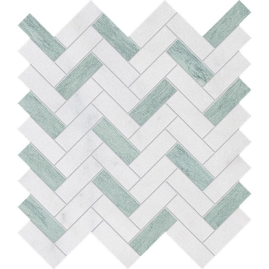 Verde, Calacatta T Fine Textured Herringbone Marble Mosaic