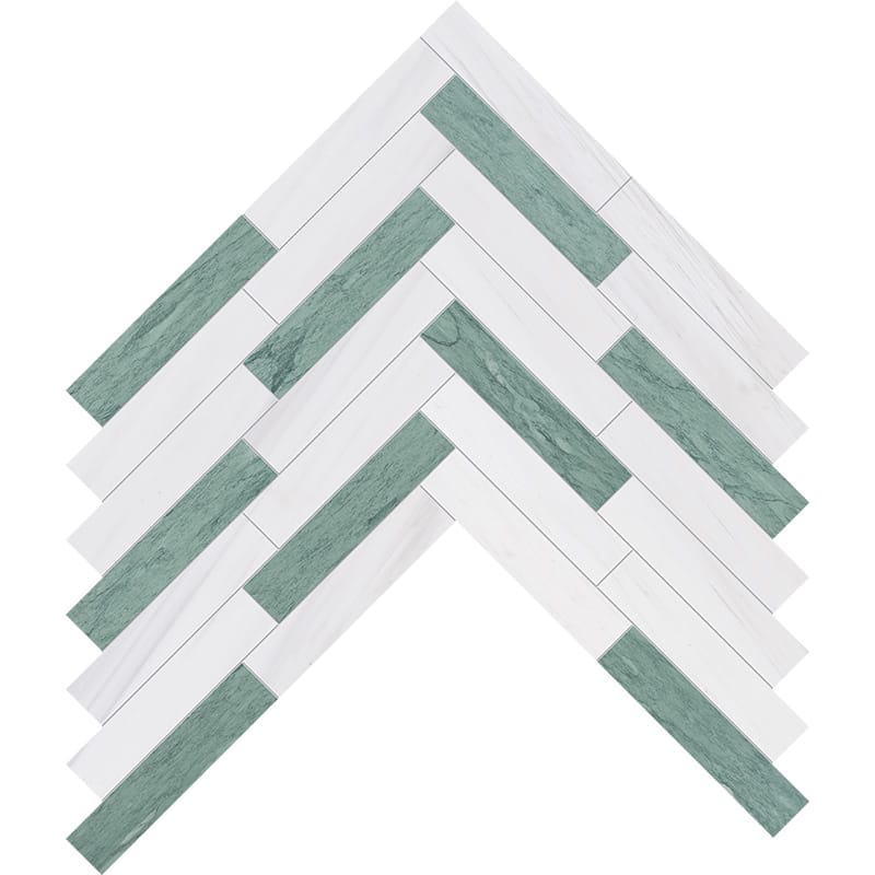 Verde, Bianco Dolomiti Honed Large Herringbone Marble Mosaic