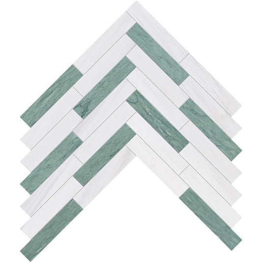 Verde, Bianco Dolomiti Honed Large Herringbone Marble Mosaic
