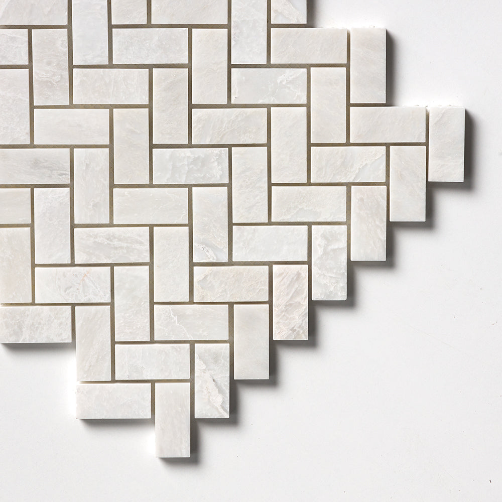 Siberian White Polished Herringbone Marble Mosaic