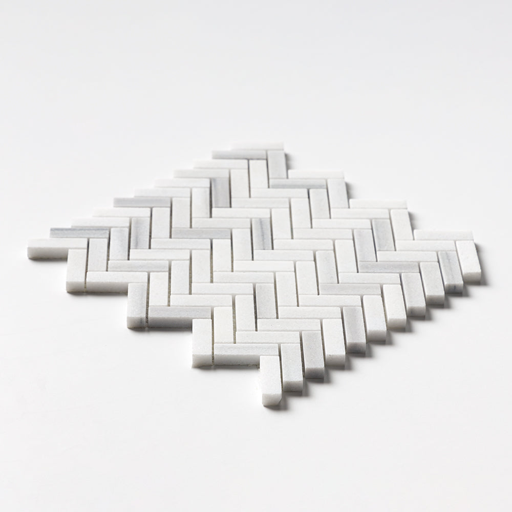 Mink White Honed Herringbone 5/8x2 Marble Mosaic