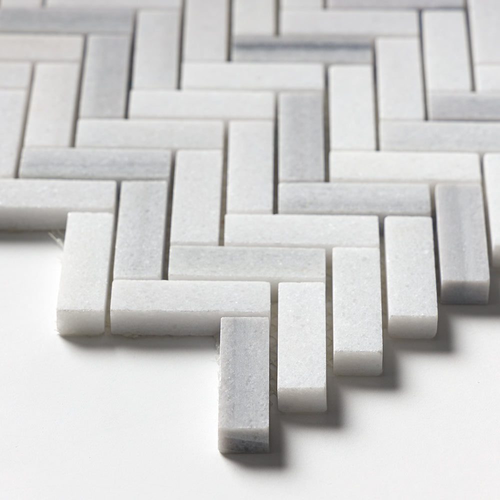 Mink White Honed Herringbone 5/8x2 Marble Mosaic