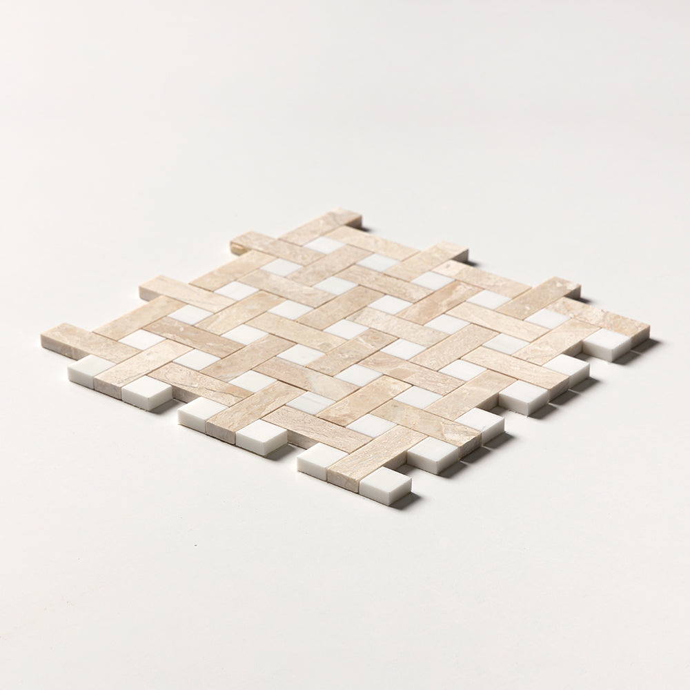 Diana Royal, Snow White Multi Finish Basket Weave 1x3 Marble Mosaic
