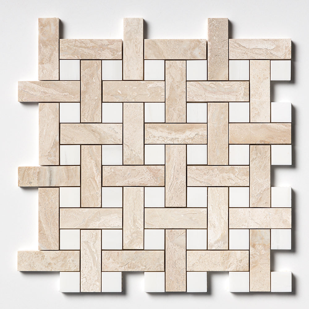 Diana Royal, Snow White Multi Finish Basket Weave 1x3 Marble Mosaic
