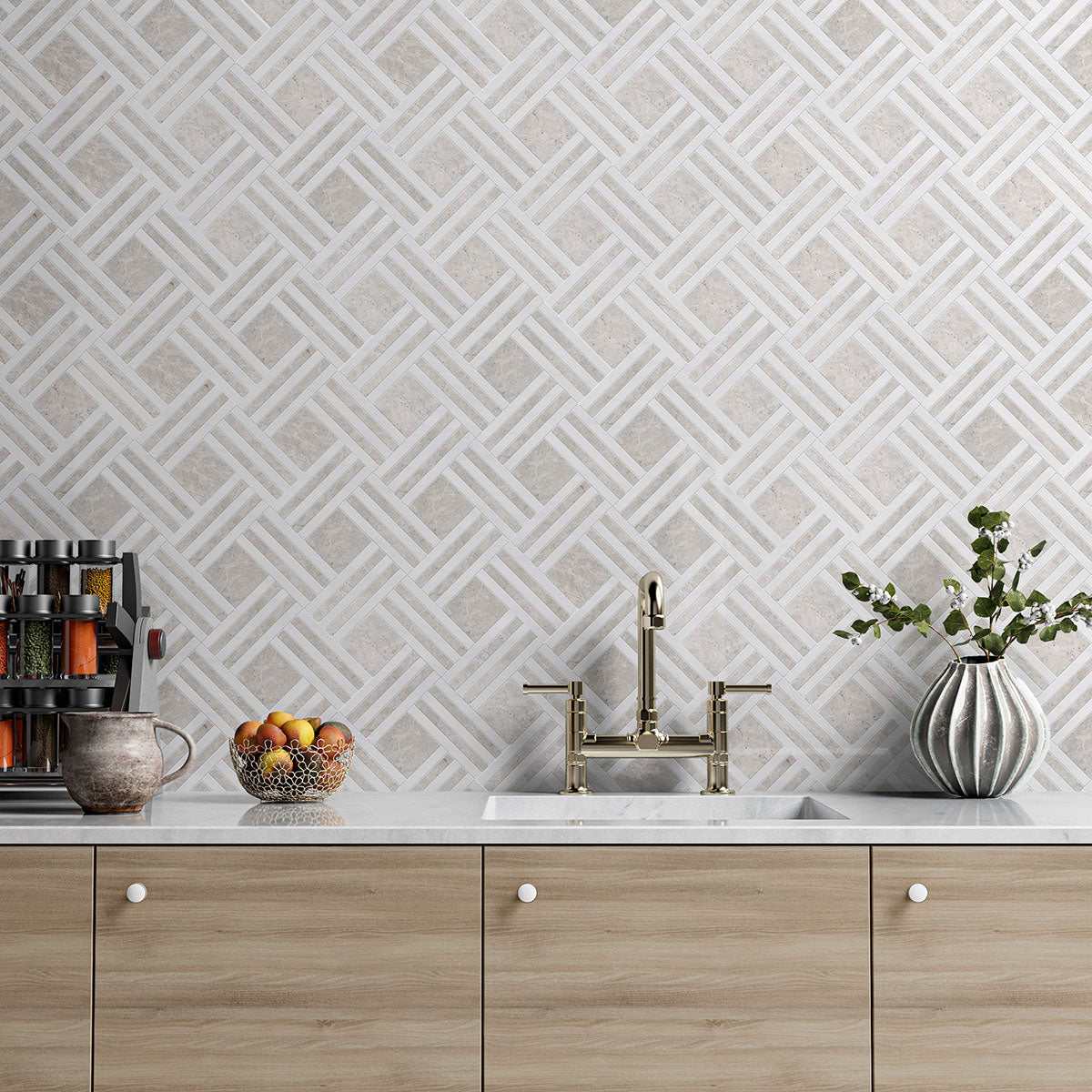 Bianco Dolomiti, Silver Mystique Multi Finish Maze Basket Marble Mosaic
