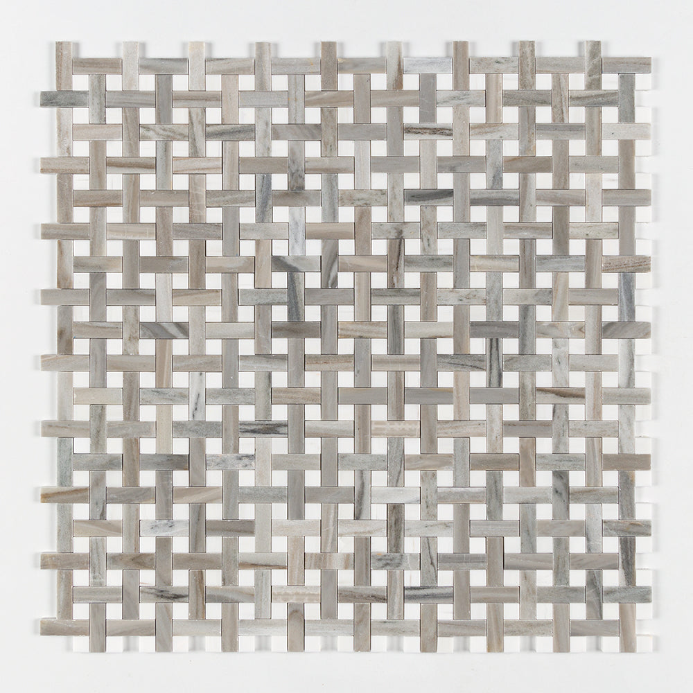 Skyline, Snow White Polished Basket Weave 1x3 Marble Mosaic