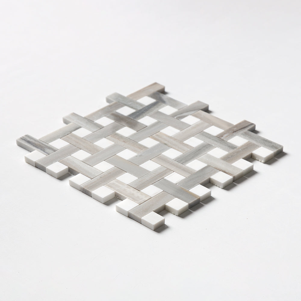 Skyline, Snow White Polished Basket Weave 1x3 Marble Mosaic